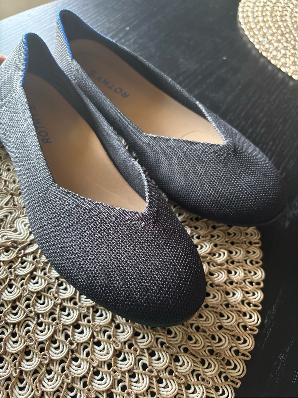 Rothy's Black Pointed Knit Flats with Blue Trim - Picture 3 of 3
